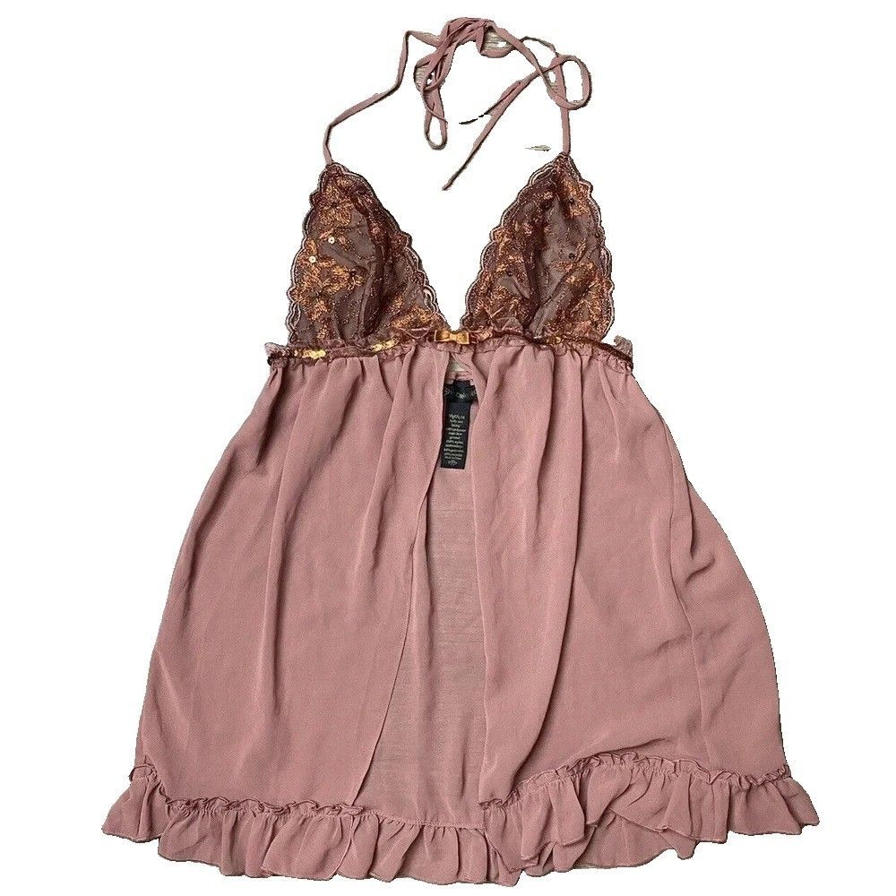 Vtg Y2K Victorias Secret Coquette Sequin Babydoll Lingerie Halter Slip Dress Med